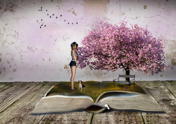 Fantasy kép fa, lány, könyv